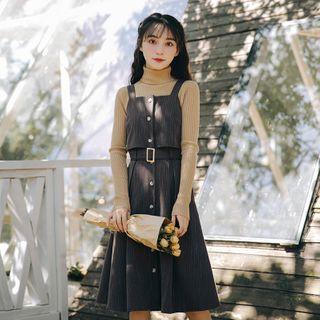 Striped Button Midi A-line Pinafore Dress