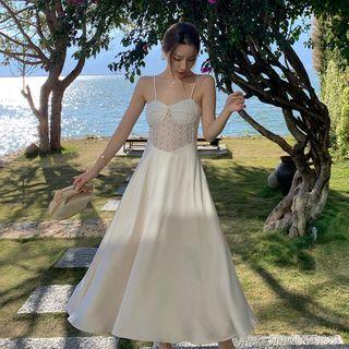 Spaghetti-strap Lace Panel Midi A-line Dress