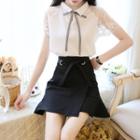 Short-sleeve Lace Panel Blouse / Mini A-line Skirt / Set