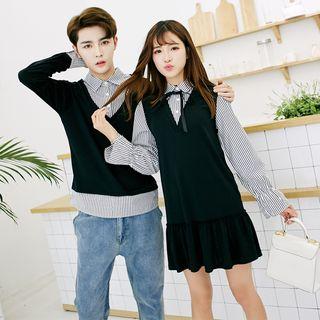 Couple Matching Striped Mock Two-piece Shirt / Shirtdress
