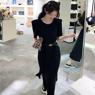 Short Sleeve Plain Slit-side Midi T-shirt Dress