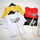 Elbow-sleeve Embroidery Color Strap T-shirt