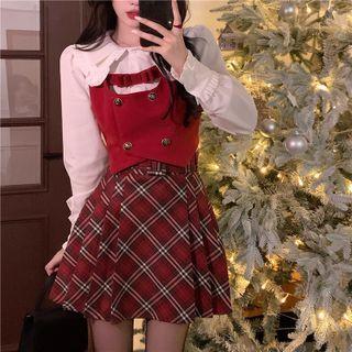 Double Breasted Vest / Shirt / Plaid Skirt