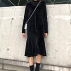 Velvet Long-sleeve Midi Dress Black - One Size