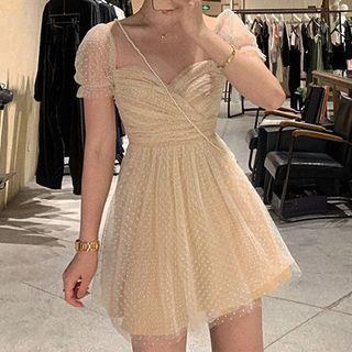 Dotted Short-sleeve A-line Dress / Strappy Dress