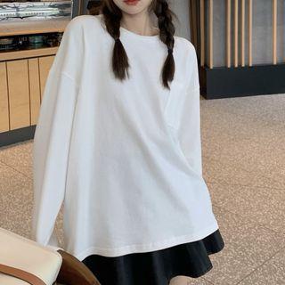 Long-sleeve Plain T-shirt T-shirt - White - One Size