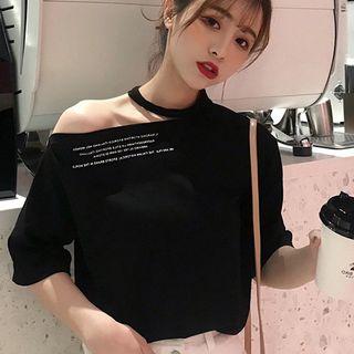 Elbow-sleeve Letter Asymmetric Cold Shoulder T-shirt