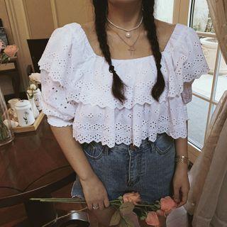 Ruffled Puff-sleeve Cropped Eyelet Blouse