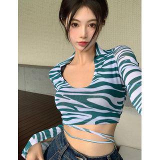 Long-sleeve Collar Zebra Print Cropped T-shirt Zebra - Green - One Size