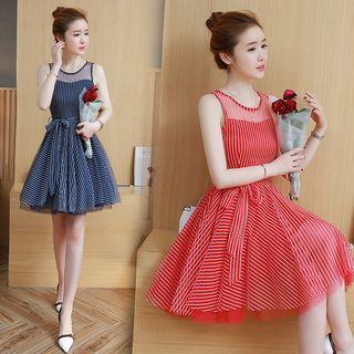 Sleeveless Tie-waist Striped Tulle Dress