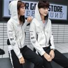 Couple Matching Set: Printed Contrast Trim Hooded Zip Jacket + Sweatpants