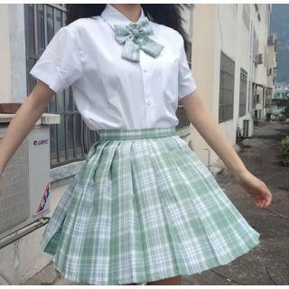 Plaid Pleated Mini A-line Skirt / Short-sleeve Shirt / Ribbon Bow Tie / Neck-tie / Set