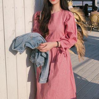 3/4-sleeve Plaid Tie-waist A-line Dress