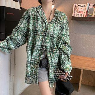 Leopard Print Plaid Shirt Leopard - Green & Black - One Size