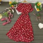 Floral Ruffle Trim Midi A-line Wrap Dress
