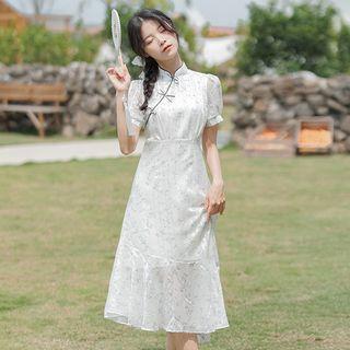 Puff-sleeve Midi A-line Qipao Dress