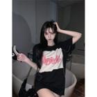 Short-sleeve Lettering Oversized T-shirt Black - One Size