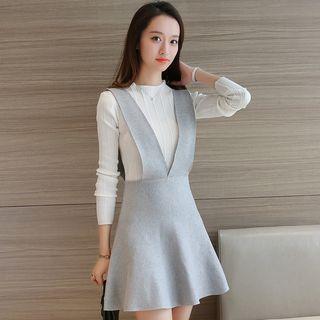 Set: Plain Long Sleeve Knit Top + Knit A-line Pinafore Dress