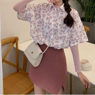 Floral Elbow-sleeve Shirt / Long-sleeve Mesh Top