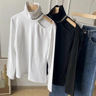 Long-sleeve Mock-neck Lettering Cutout T-shirt