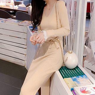 Slit-side Tie-waist Knit Dress