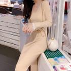 Slit-side Tie-waist Knit Dress
