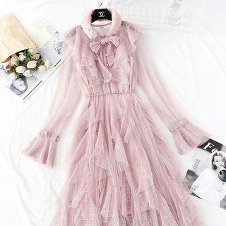 Tie-neck Ruffle Mesh Midi Dress