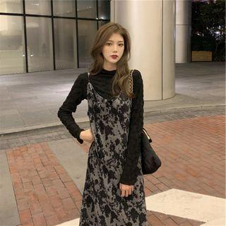Set: Long-sleeve Top + Spaghetti Strap Floral Midi A-line Dress