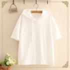 Short-sleeve Flower Embroidered Hooded T-shirt
