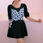 Elbow-sleeve Dotted Swimdress