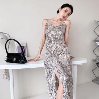 Spaghetti-strap Print Slit Midi A-line Dress