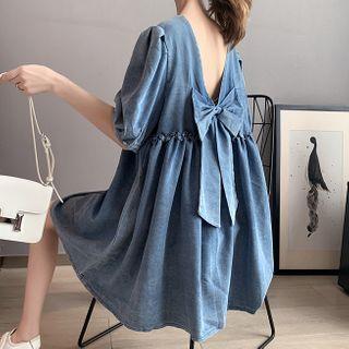 Puff-sleeve Denim Open-back A-line Mini Dress Blue - One Size