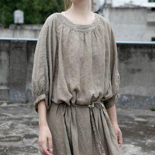 Puff-sleeve Tie-waist Mid Shift Dress Green - One Size