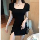 Square-neck Short-sleeve Slit Mini Dress Black - One Size