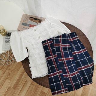 Set: Faux Pearl Short-sleeve Top + Plaid A-line Skirt