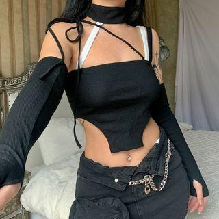 Tie-strap Plain Crop Top With Arm Sleeves