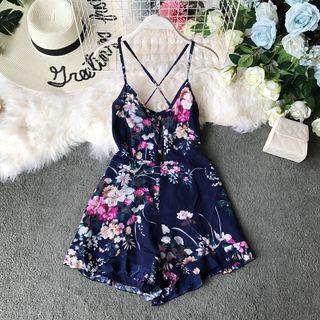 Lace-up Detail Floral Print Playsuit Blue - One Size