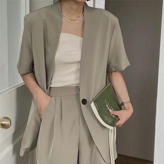 Set: Elbow-sleeve One-buttoned Blazer + High Waist Plain Dress Shorts