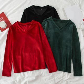V-neck Long-sleeve Velvet T-shirt