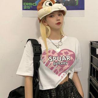 Short-sleeve Lettering Heart Print Cropped T-shirt