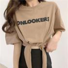 Elbow-sleeve Lettering Tie-waist Cropped T-shirt