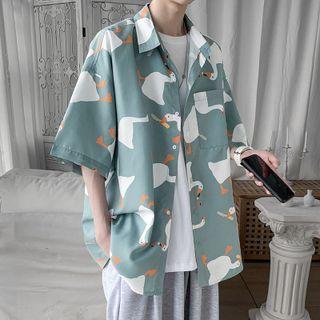 Elbow-sleeve Goose Print Shirt
