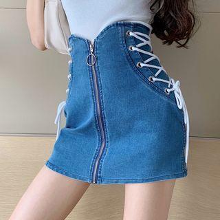 High-waist Lace Up Zip Denim Skirt