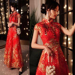 Cap-sleeve Embroidered Qipao Wedding Dress