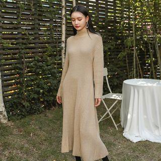 Mock-neck Ribbed A-line Knit Dress