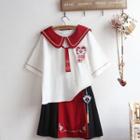 Short-sleeve Embroidered T-shirt / Tasseled Mini Skirt / Set