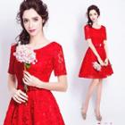 Short-sleeve Bow-accent Lace Cocktail Dress