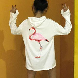 Flamingo Print Hooded Long-sleeve T-shirt