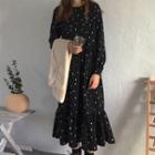 Long-sleeve Droplet Print Midi A-line Dress Black - One Size