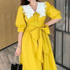 Color-block Lace-trim Short-sleeve Dress As Shown In Figure - One Size